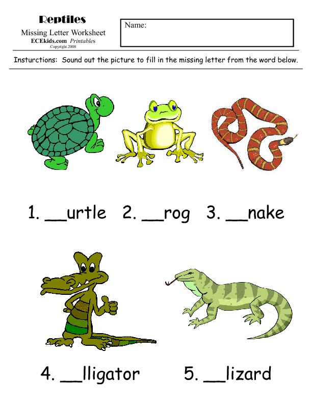 Reptiles Missing Letter Worksheet - ECEkids